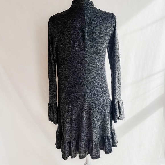Express Women’s Gray Heathered Ruffle Long Bell Sleeve Mock Neck Dress - Picture 3 of 6